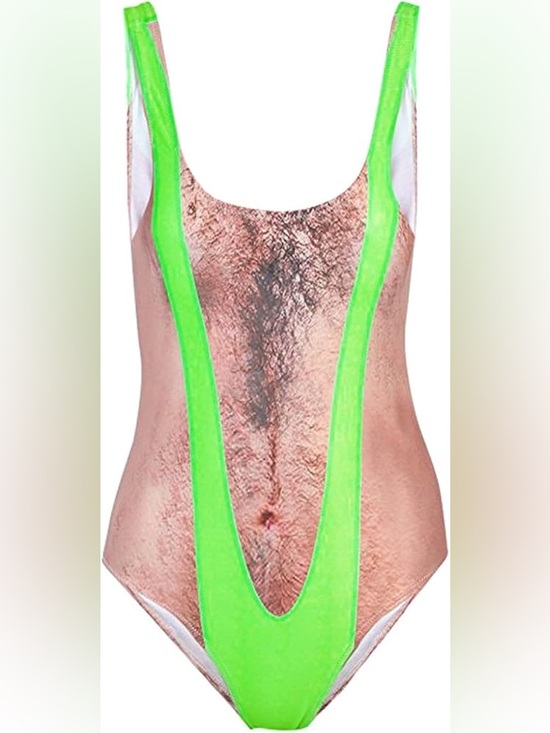 None Other - Novelty Gag Borat Inspired Women’s One Piece Swim Suit Fake BodyHair Large 8/10